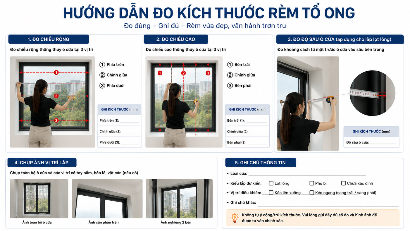 Hướng dẫn cách đo rèm tổ ong cho cửa đi và cửa sổ chính xác